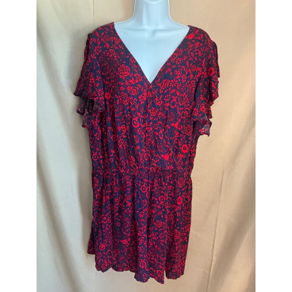 Terra & Sky Skort Romper Womens 2X Navy Blue Red Floral Excellent V-Neck Flutter